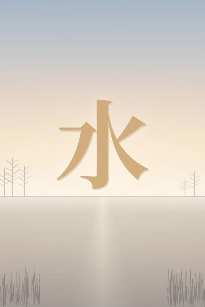 Schriftzeichen für Wasser über einem stillen See im Morgendunst als Sinnbild für das Wasserelement in der TCM