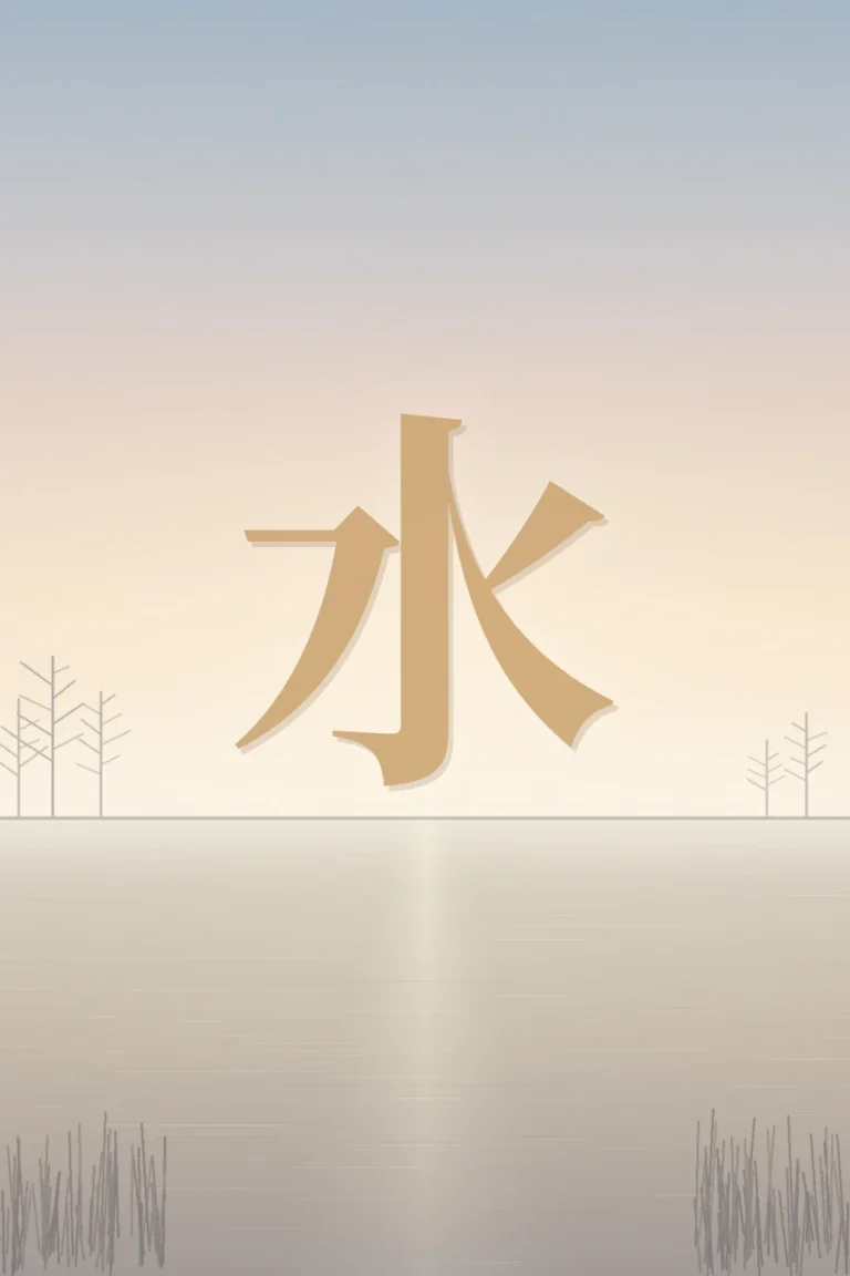 Schriftzeichen für Wasser über einem stillen See im Morgendunst als Sinnbild für das Wasserelement in der TCM